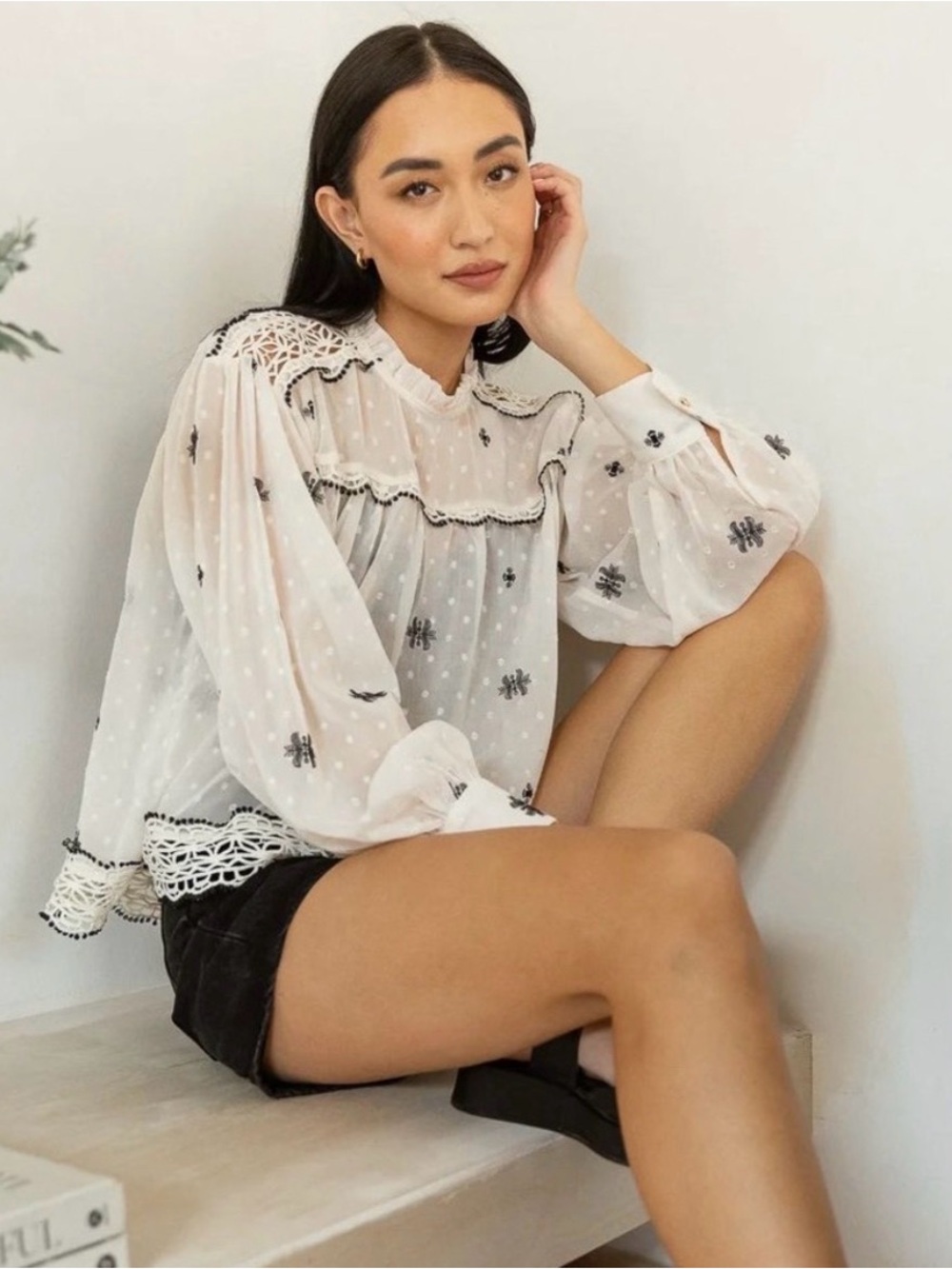 NWT Bohme Sheer Cream and Black Embroidered Long Sleeve
Mock Neck Blouse size M